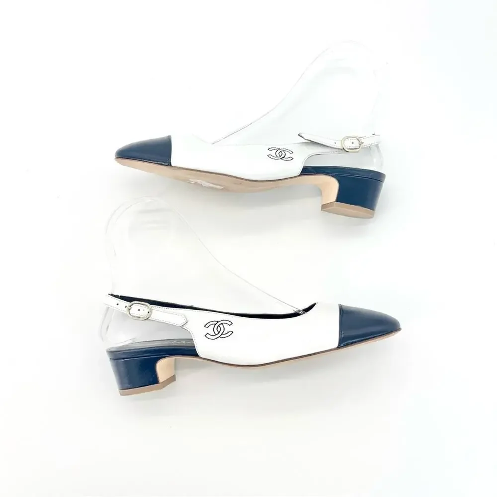 NEW Chanel Calfskin CC Logo Cap Toe White Dark Navy Slingback Low Heel Pumps 36